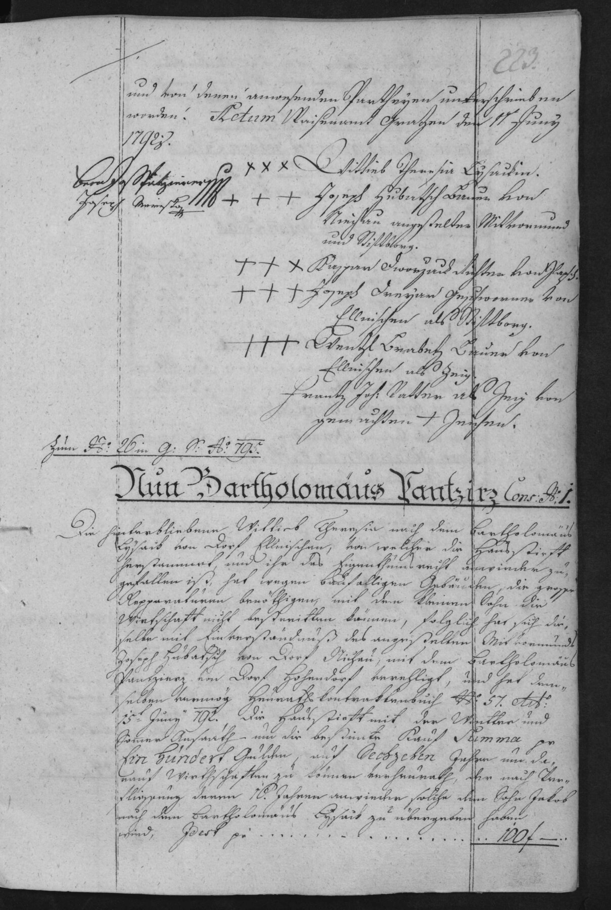 Výřez zápisu: Gruntovní kniha – Bartoloměj Pancíř přiženěním na grunt čp. 1, 1795