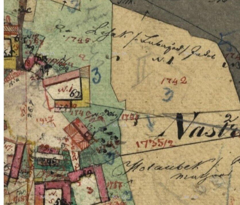 Výřez zápisu: Indikační skica 1827 – statek N. 1 (Jakob Lisák), stavební parcela 62