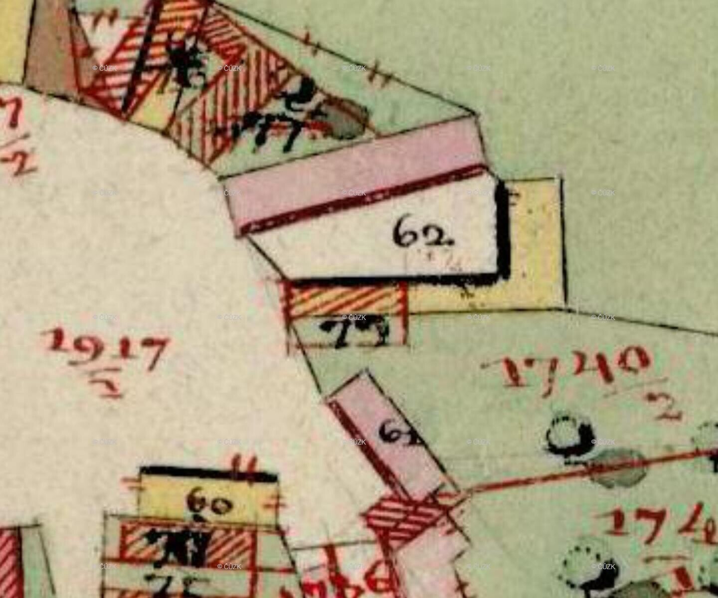 Výřez zápisu: Originální mapa stabilního katastru, doplněná 1879 – nová stavba v jižním křídle statku, stavební parcela 79(?)