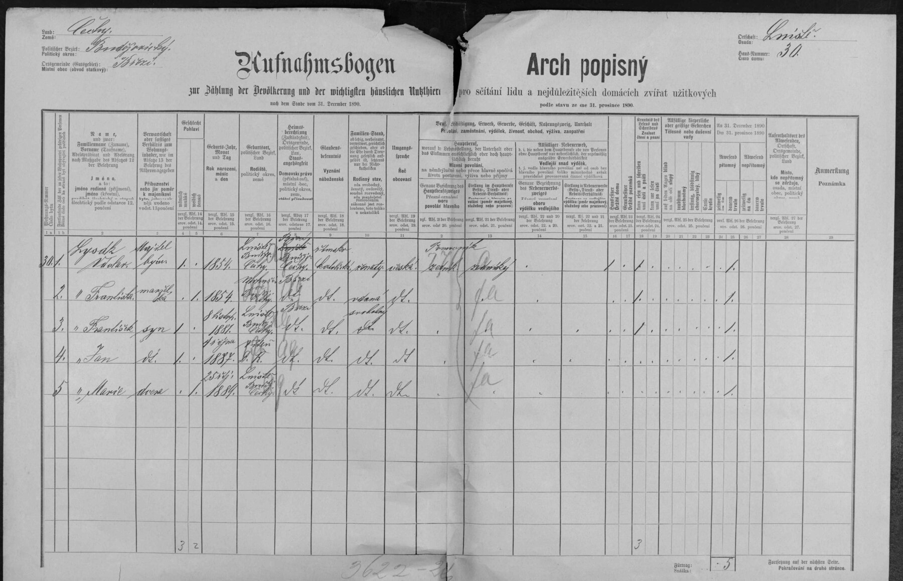 Výřez zápisu: Sčítání lidu 1890, Lniště čp. 30
