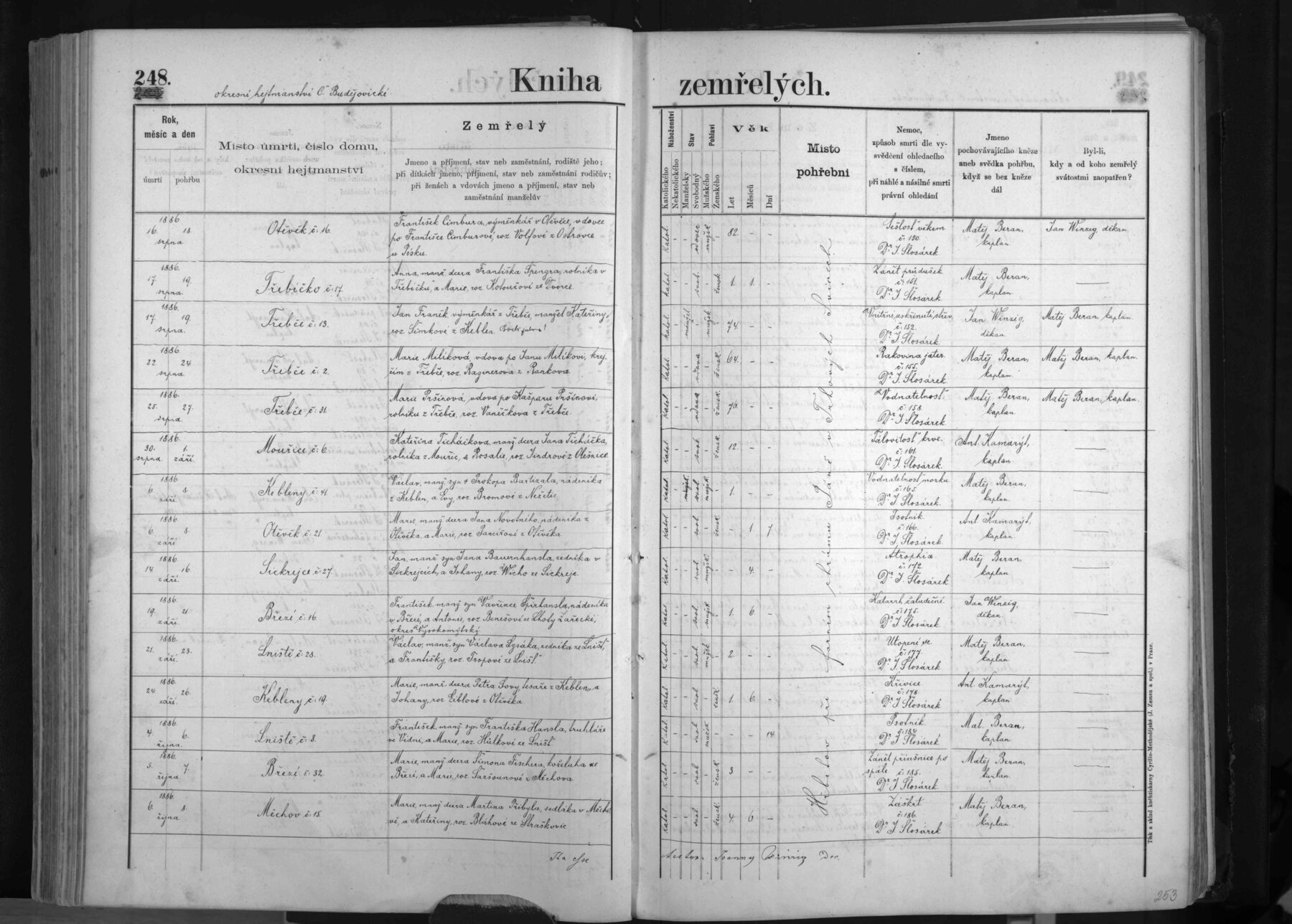 Výřez zápisu: Úmrtí Václava Lysáka (2 roky), Lniště čp. 28